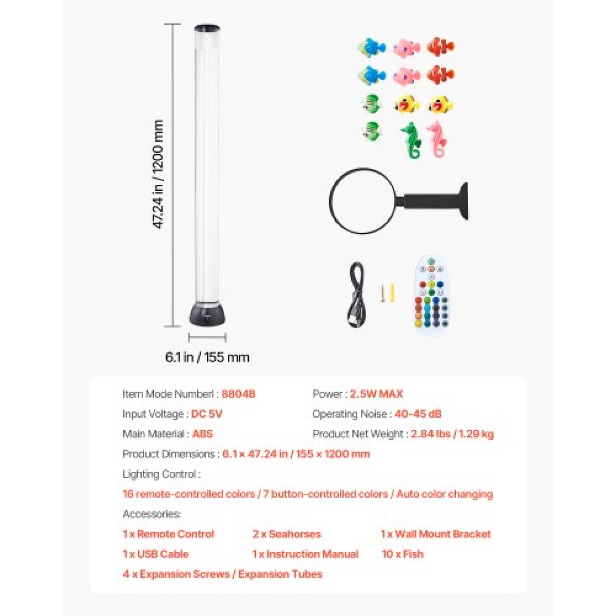 Φωτιστικό VEVOR Bubble Tube 16 Color 120 cm Sensory Lamp Aquarium for Relief Calming