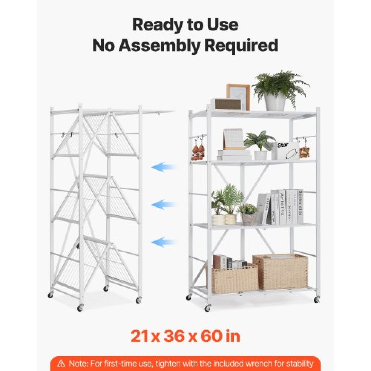 Πτυσσόμενο ράφι αποθήκευσης VEVOR 4 επιπέδων, 36W x 21D x 60 H Inch Αναδιπλούμενο Μεταλλικό Ράφι Ράφια, Χωρίς Συναρμολόγηση ράφι με 5 ρόδες & 4 γάντζους για ντουλάπι, κουζίνα, γκαράζ, υπόγειο, λευκό