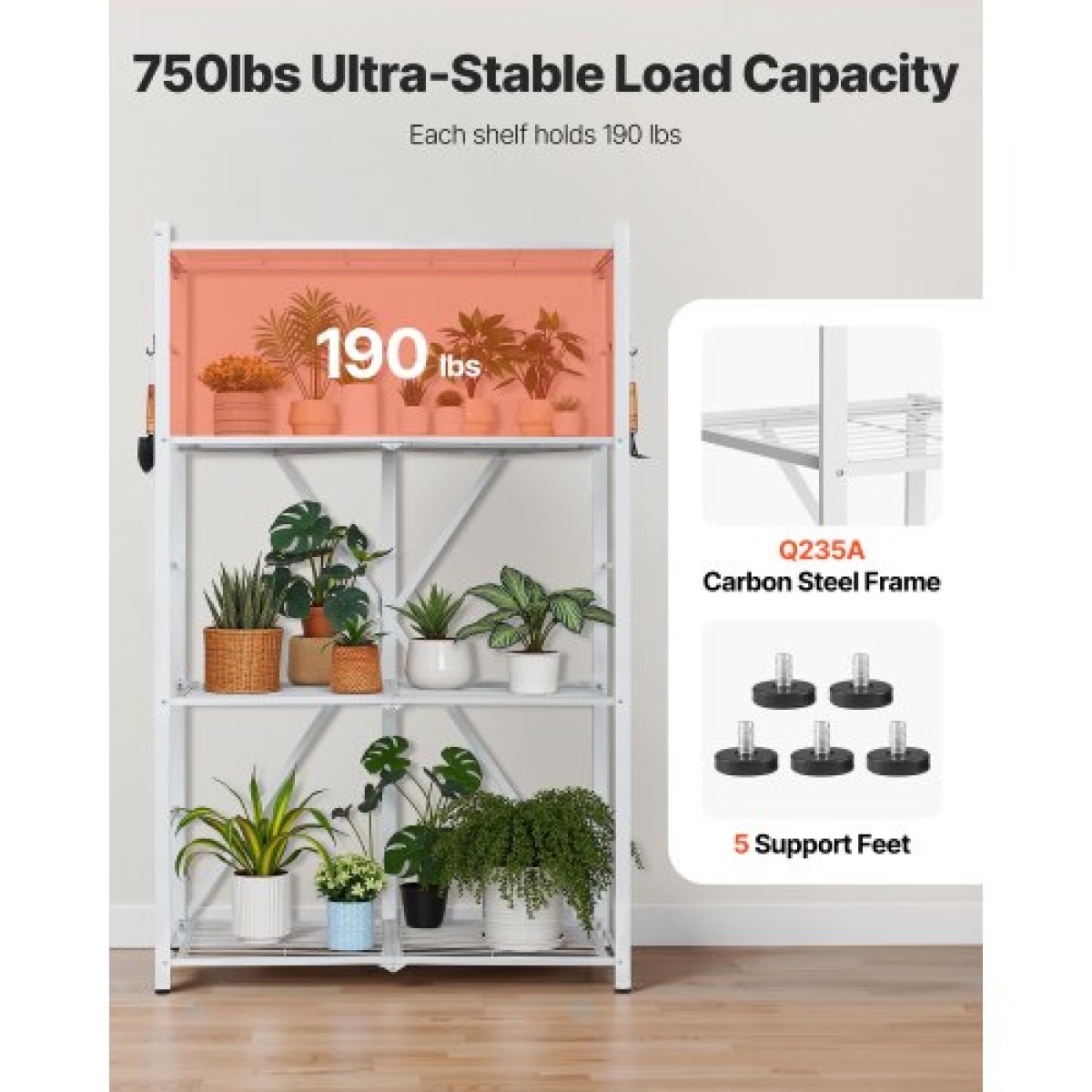 Πτυσσόμενο ράφι αποθήκευσης VEVOR 4 επιπέδων, 36W x 21D x 60 H Inch Αναδιπλούμενο Μεταλλικό Ράφι Ράφια, Χωρίς Συναρμολόγηση ράφι με 5 ρόδες & 4 γάντζους για ντουλάπι, κουζίνα, γκαράζ, υπόγειο, λευκό