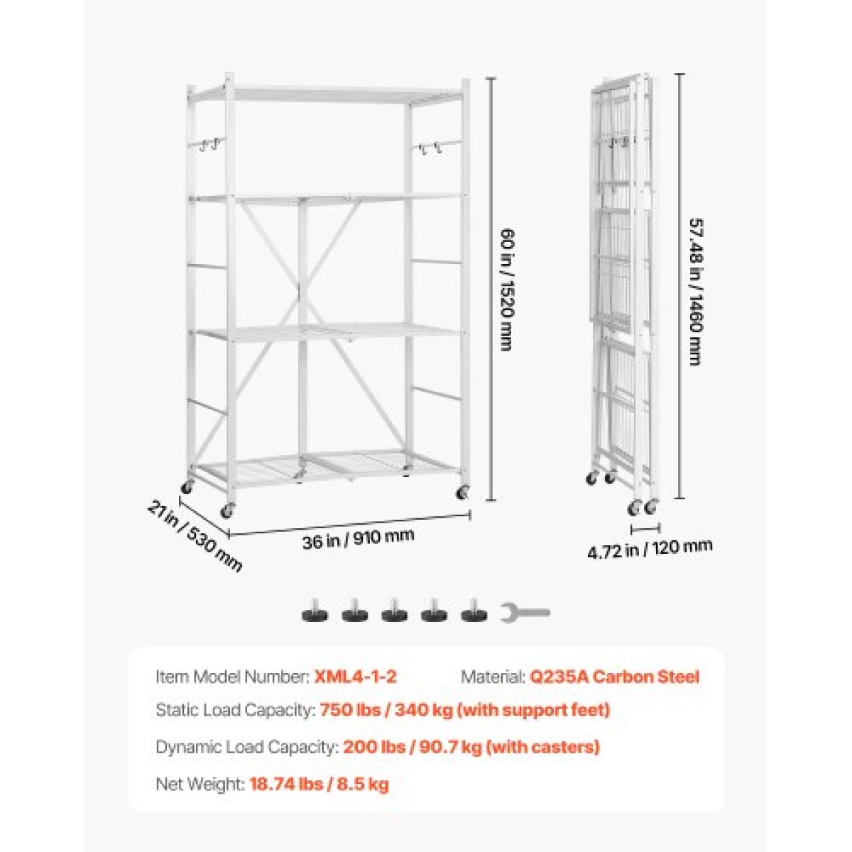 Πτυσσόμενο ράφι αποθήκευσης VEVOR 4 επιπέδων, 36W x 21D x 60 H Inch Αναδιπλούμενο Μεταλλικό Ράφι Ράφια, Χωρίς Συναρμολόγηση ράφι με 5 ρόδες & 4 γάντζους για ντουλάπι, κουζίνα, γκαράζ, υπόγειο, λευκό