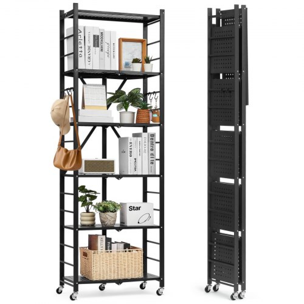 Πτυσσόμενο ράφι αποθήκευσης VEVOR 6 επιπέδων, 24W x 12D x 72H Inch Αναδιπλούμενο Μεταλλικό Ράφι Ράφια, Χωρίς Συναρμολόγηση ράφι με 5 ρόδες & 4 γάντζους για ντουλάπι, κουζίνα, γκαράζ, υπόγειο, μαύρο