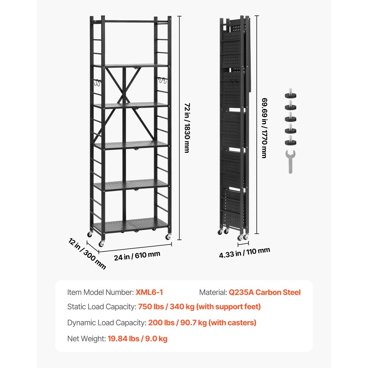 Πτυσσόμενο ράφι αποθήκευσης VEVOR 6 επιπέδων, 24W x 12D x 72H Inch Αναδιπλούμενο Μεταλλικό Ράφι Ράφια, Χωρίς Συναρμολόγηση ράφι με 5 ρόδες & 4 γάντζους για ντουλάπι, κουζίνα, γκαράζ, υπόγειο, μαύρο