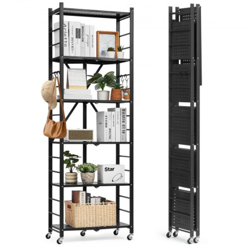 Πτυσσόμενο ράφι αποθήκευσης VEVOR 6 επιπέδων, 24W x 12D x 72H Inch Αναδιπλούμενο Μεταλλικό Ράφι Ράφια, Χωρίς Συναρμολόγηση ράφι με 5 ρόδες & 4 γάντζους για ντουλάπι, κουζίνα, γκαράζ, υπόγειο, μαύρο