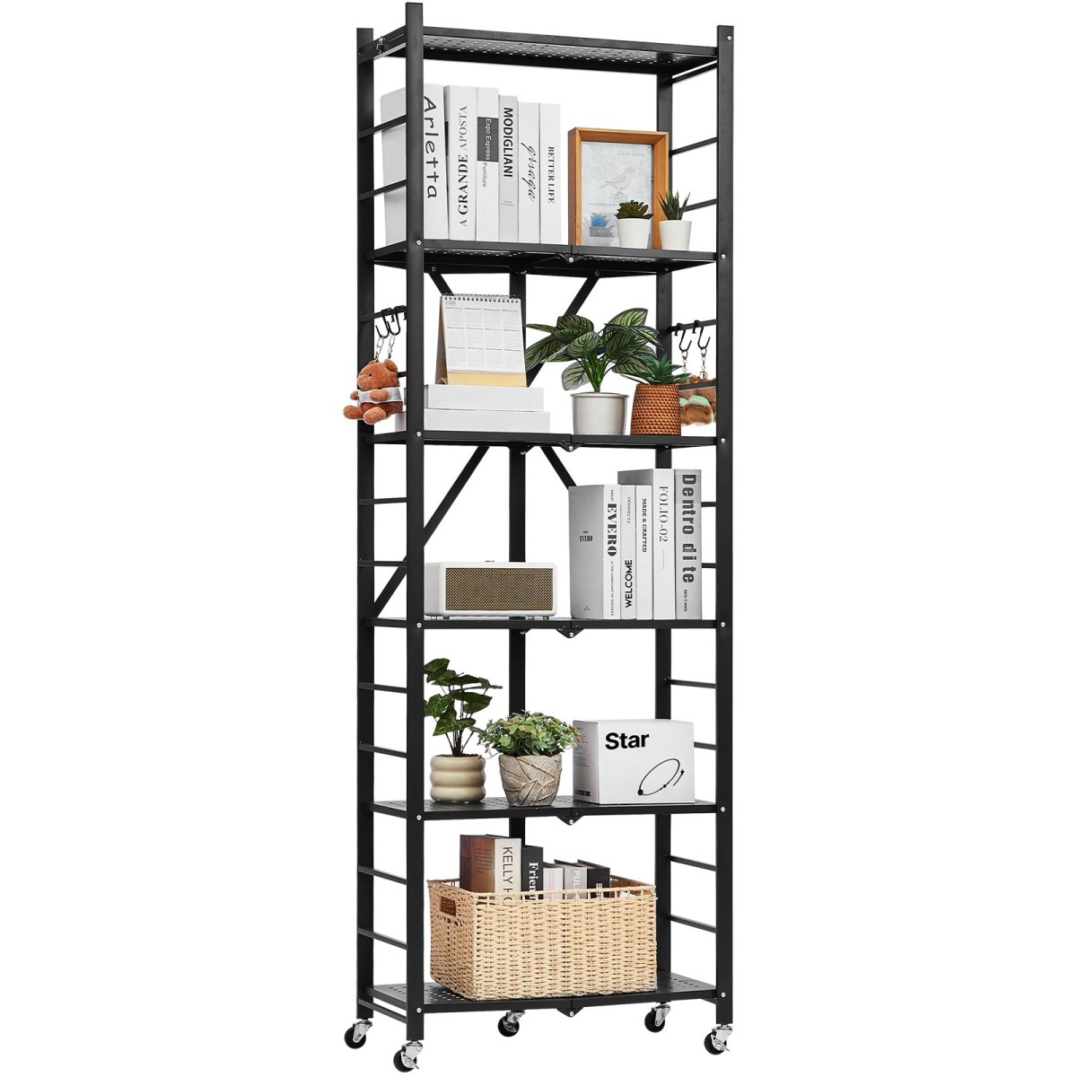 Πτυσσόμενο ράφι αποθήκευσης VEVOR 6 επιπέδων, 24W x 12D x 72H Inch Αναδιπλούμενο Μεταλλικό Ράφι Ράφια, Χωρίς Συναρμολόγηση ράφι με 5 ρόδες & 4 γάντζους για ντουλάπι, κουζίνα, γκαράζ, υπόγειο, μαύρο