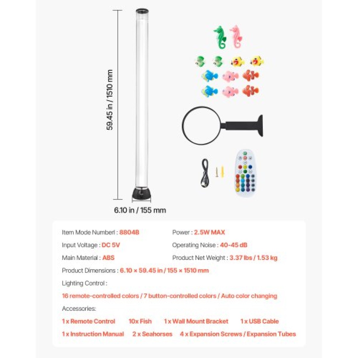 Φωτιστικό VEVOR Bubble Tube 16 Έγχρωμο 150 cm Λάμπα Ενυδρείου για Ανακούφιση