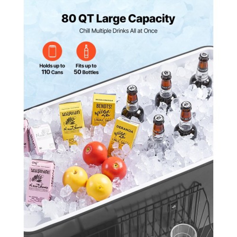 VEVOR 75,71 L Rolling Ice Chest, χωράει έως και 50 μπουκάλια / 110 κουτιά, φορητό αίθριο Party Bar Drink Cooler Cart με κάτω ράφι, Πισίνα ποτών με πλαϊνό καλάθι και ανοιχτήρι μπουκαλιών, Μαύρο