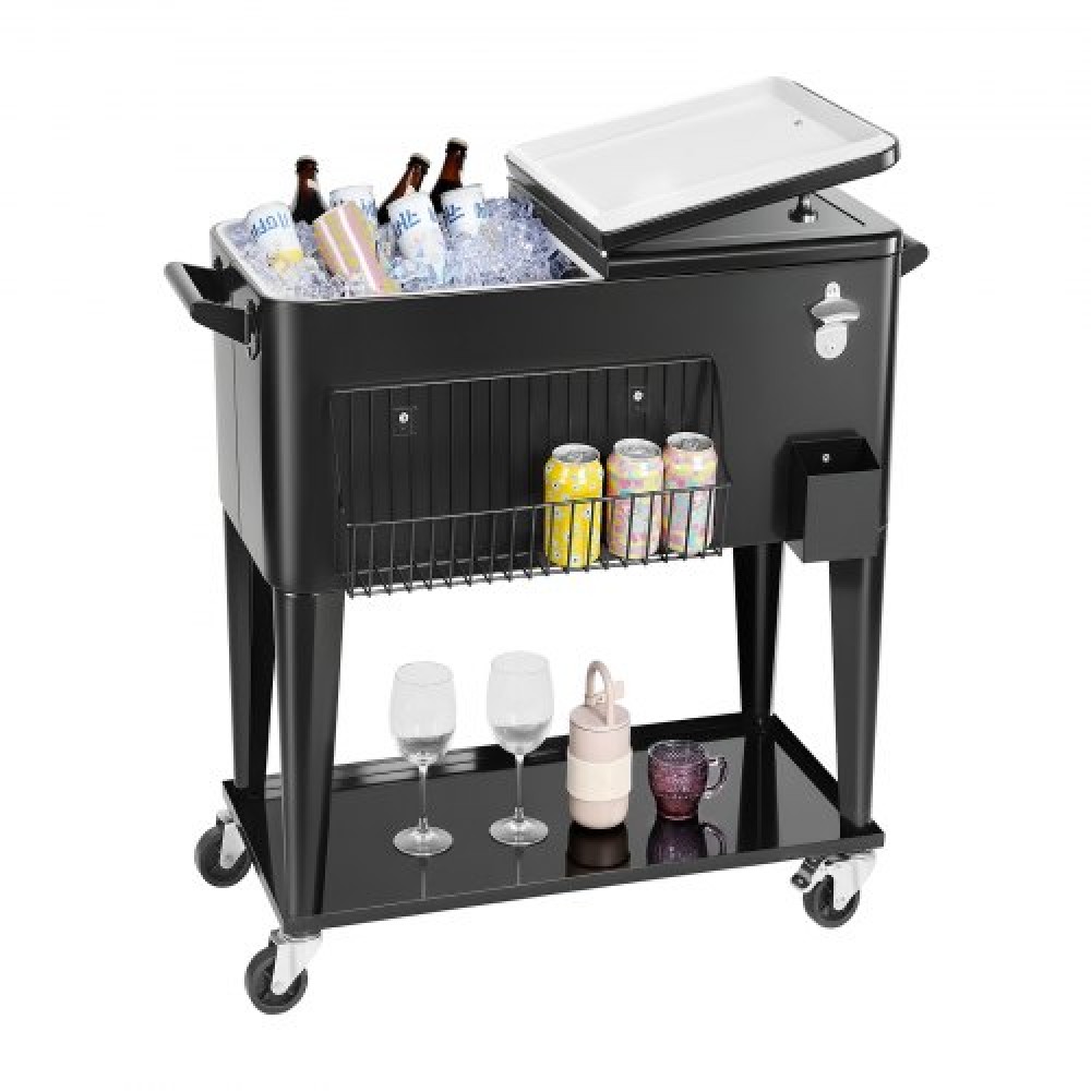VEVOR 75,71 L Rolling Ice Chest, χωράει έως και 50 μπουκάλια / 110 κουτιά, φορητό αίθριο Party Bar Drink Cooler Cart με κάτω ράφι, Πισίνα ποτών με πλαϊνό καλάθι και ανοιχτήρι μπουκαλιών, Μαύρο