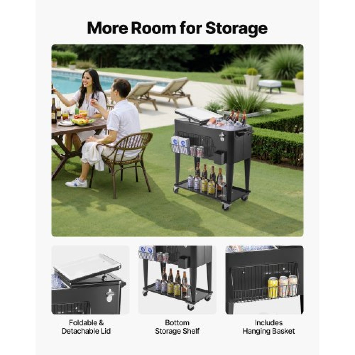 VEVOR 75,71 L Rolling Ice Chest, χωράει έως και 50 μπουκάλια / 110 κουτιά, φορητό αίθριο Party Bar Drink Cooler Cart με κάτω ράφι, Πισίνα ποτών με πλαϊνό καλάθι και ανοιχτήρι μπουκαλιών, Μαύρο