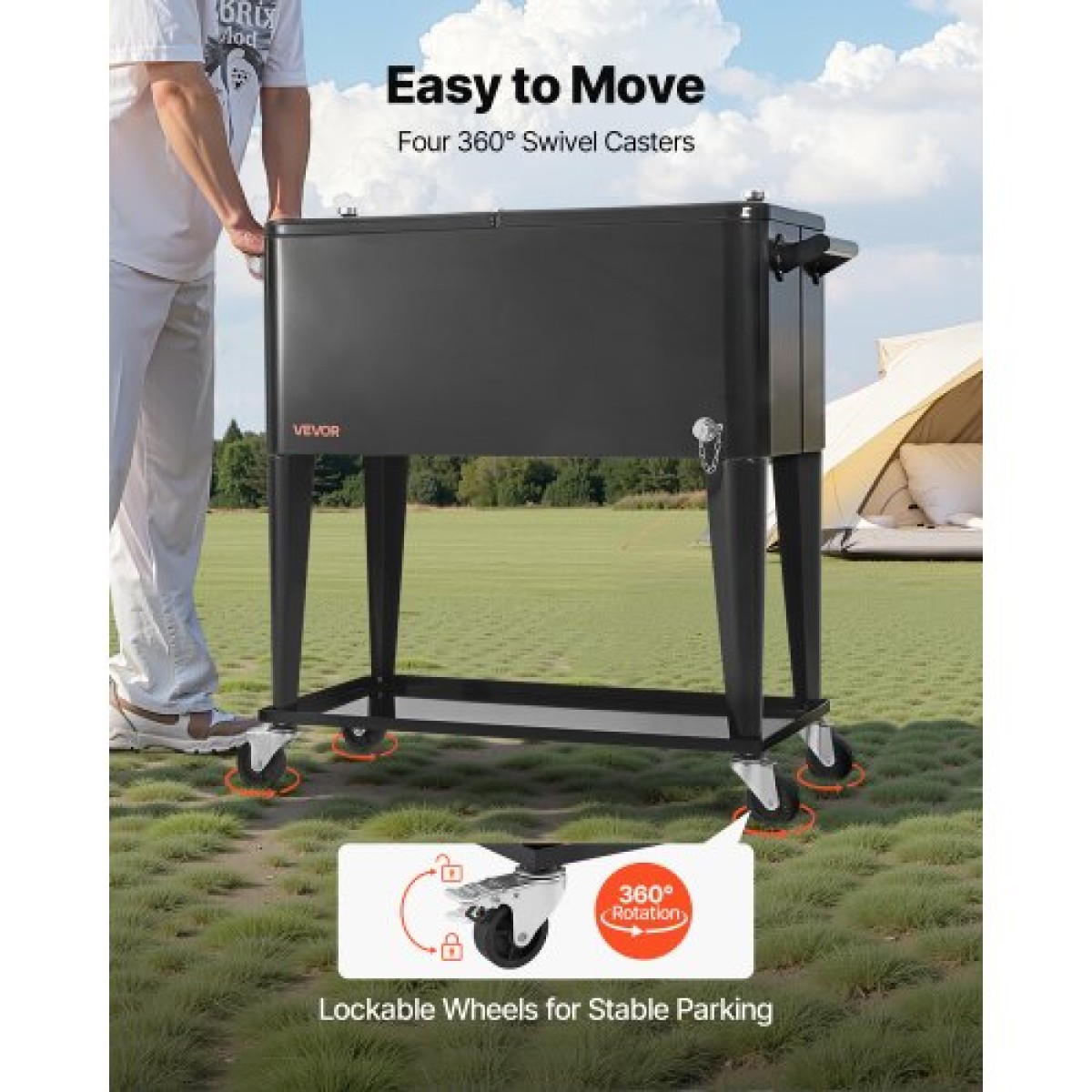 VEVOR 75,71 L Rolling Ice Chest, χωράει έως και 50 μπουκάλια / 110 κουτιά, φορητό αίθριο Party Bar Drink Cooler Cart με κάτω ράφι, Πισίνα ποτών με πλαϊνό καλάθι και ανοιχτήρι μπουκαλιών, Μαύρο