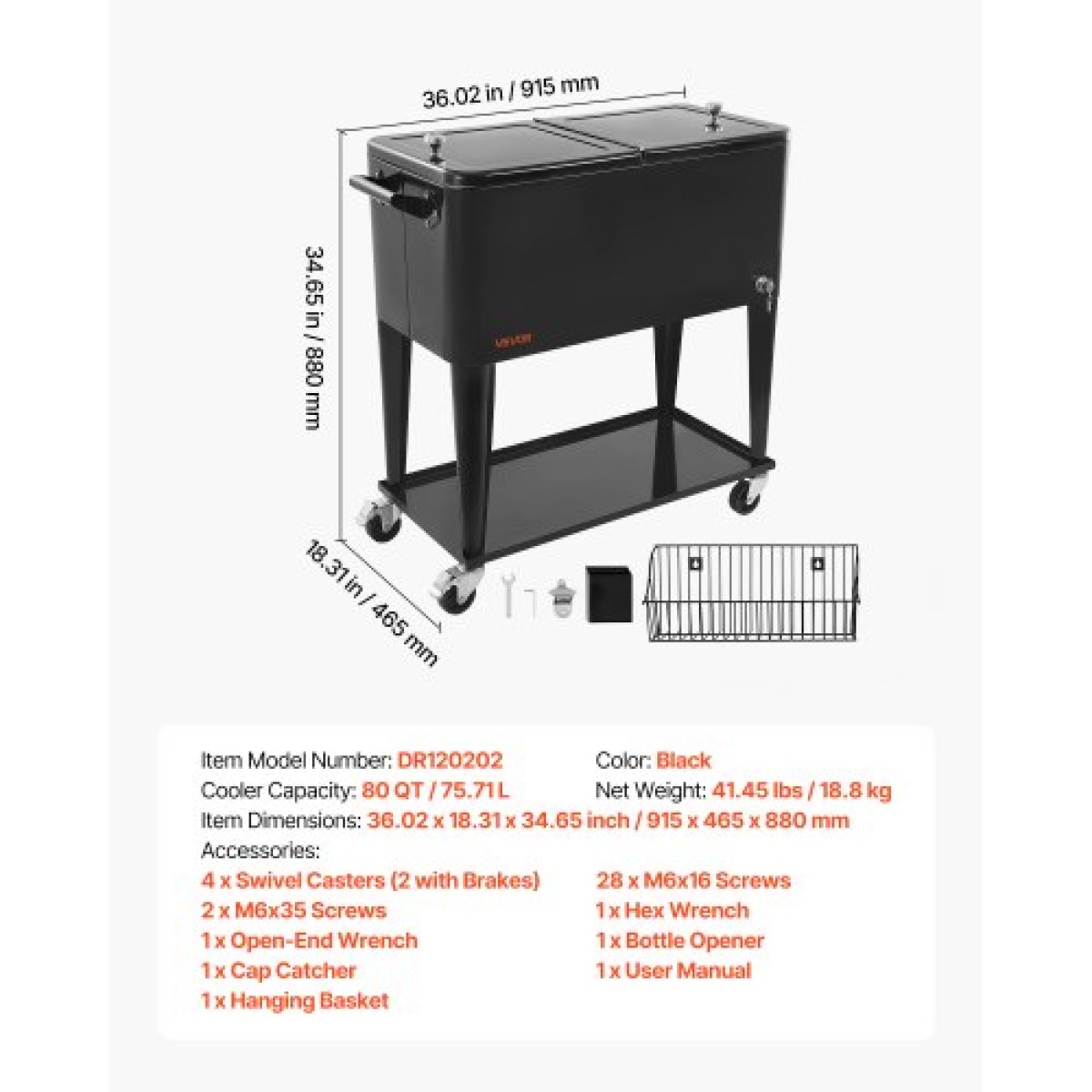 VEVOR 75,71 L Rolling Ice Chest, χωράει έως και 50 μπουκάλια / 110 κουτιά, φορητό αίθριο Party Bar Drink Cooler Cart με κάτω ράφι, Πισίνα ποτών με πλαϊνό καλάθι και ανοιχτήρι μπουκαλιών, Μαύρο