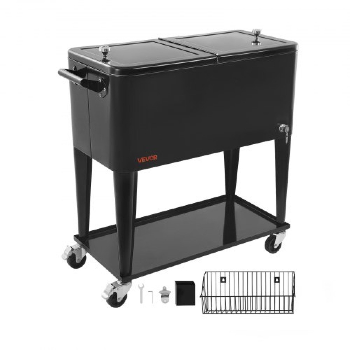 VEVOR 75,71 L Rolling Ice Chest, χωράει έως και 50 μπουκάλια / 110 κουτιά, φορητό αίθριο Party Bar Drink Cooler Cart με κάτω ράφι, Πισίνα ποτών με πλαϊνό καλάθι και ανοιχτήρι μπουκαλιών, Μαύρο