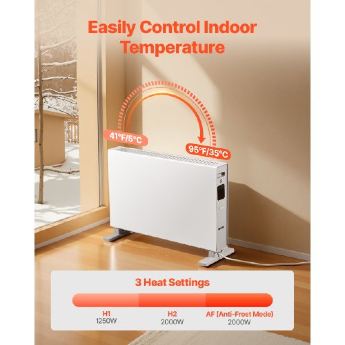 Καλοριφέρ VEVOR Convection Panel Heater, Electric Panel Space Heater 2000W με τηλεχειριστήριο & έλεγχο αφής, 3 λειτουργίες, χρονοδιακόπτη 24 ωρών, βάση στήριξης ή επιτοίχια σχεδίαση με προστασία κατά της ανατροπής και υπερθέρμανσης για το σπίτι και το