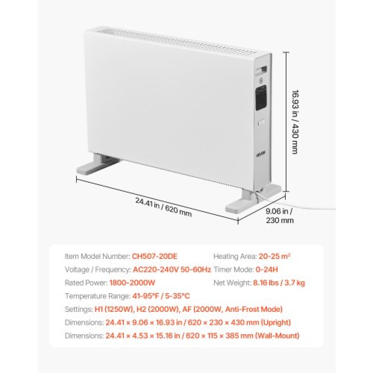 Καλοριφέρ VEVOR Convection Panel Heater, Electric Panel Space Heater 2000W με τηλεχειριστήριο & έλεγχο αφής, 3 λειτουργίες, χρονοδιακόπτη 24 ωρών, βάση στήριξης ή επιτοίχια σχεδίαση με προστασία κατά της ανατροπής και υπερθέρμανσης για το σπίτι και το