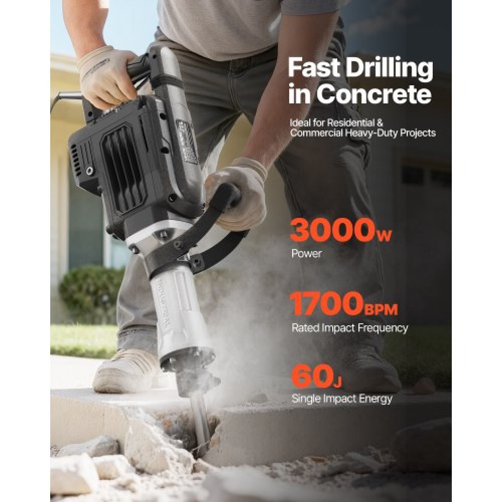 VEVOR Demolition Jack Hammer, 3000 W Powerful Electric Jackhammer, 1700 BPM Concrete Breaker with a Point Chisel, Carrying Case, Gloves, Goggles, for Concrete, Wall, Brick, Tile and Foundation