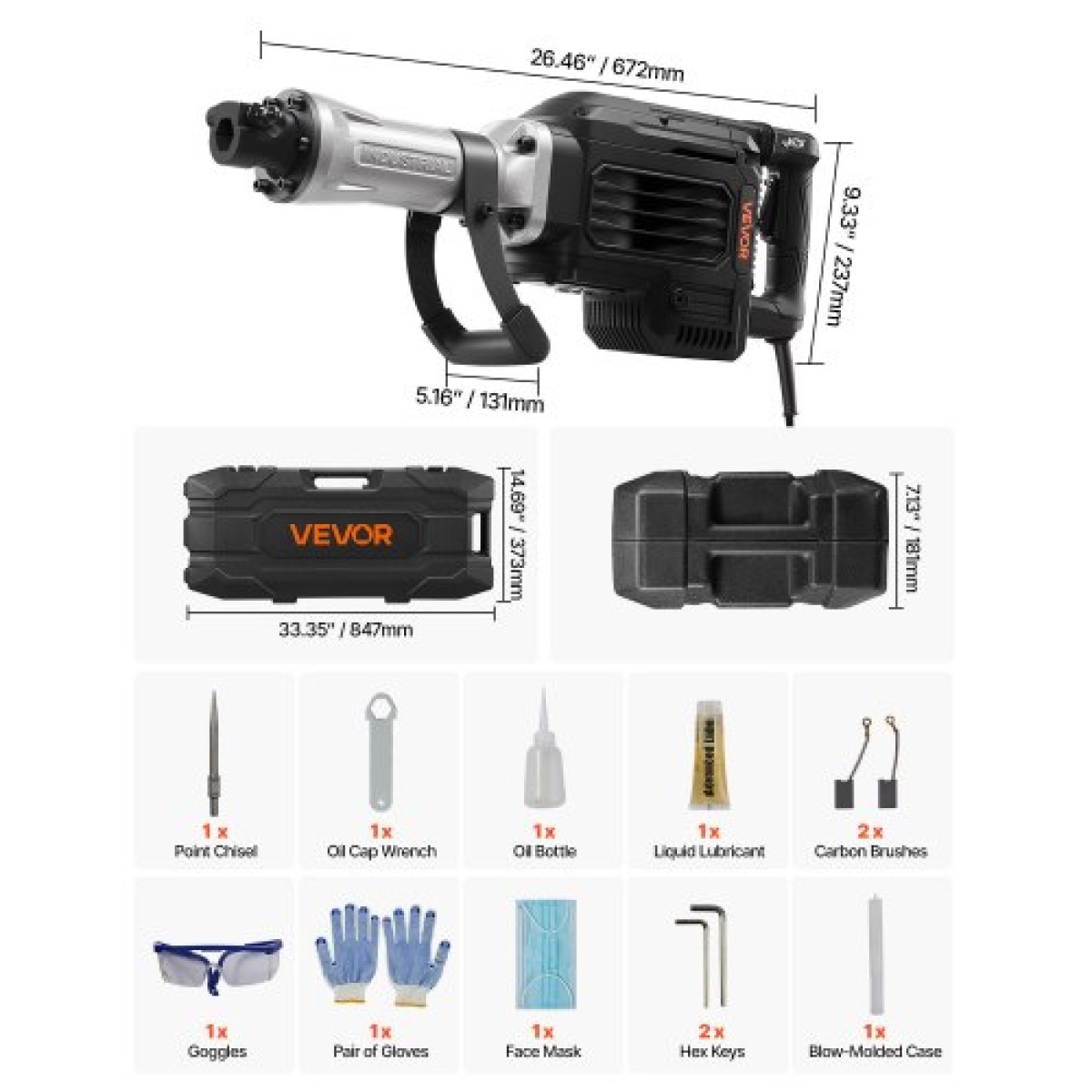 VEVOR Demolition Jack Hammer, 3000 W Ισχυρό Ηλεκτρικό Jackhammer, 1700 BPM Θραύση σκυροδέματος με αιχμηρή σμίλη, θήκη μεταφοράς, γάντια, γυαλιά, για σκυρόδεμα, τοίχο, τούβλο, πλακάκι και θεμέλιο