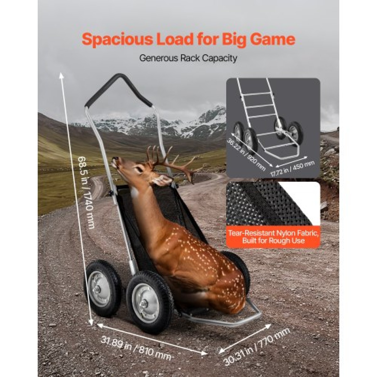 Καρότσια παιχνιδιών VEVOR για κυνήγι, 500LBS Deer Cart Game Hauler, Heavy-Duty Crawler Cart, Παντός εδάφους πτυσσόμενο καρότσι μεταφοράς ελαφιών με ελαστικά που απορροφούν τους κραδασμούς, Utility Gear Dolly for Hunting Ψάρεμα Πεζοπορία