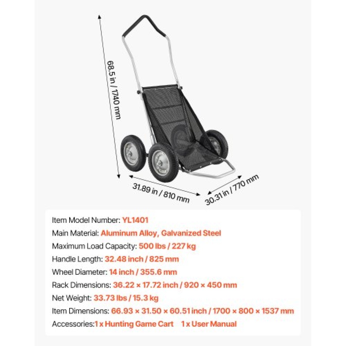 Καρότσια παιχνιδιών VEVOR για κυνήγι, 500LBS Deer Cart Game Hauler, Heavy-Duty Crawler Cart, Παντός εδάφους πτυσσόμενο καρότσι μεταφοράς ελαφιών με ελαστικά που απορροφούν τους κραδασμούς, Utility Gear Dolly for Hunting Ψάρεμα Πεζοπορία