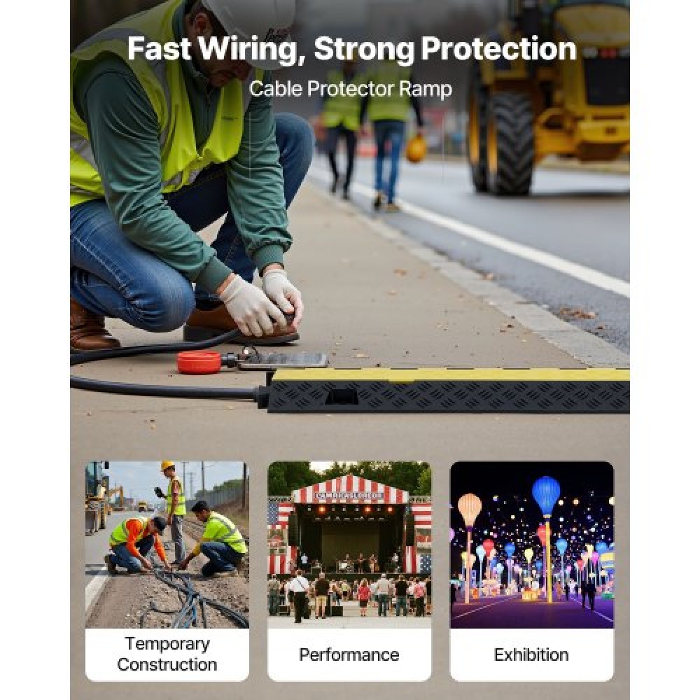 VEVOR Cable Protector Ramp, 9,979 kg/axle Capacity, 2 Channel Heavy Duty TPU Cord Hose Wire Cover, 31 x 28 mm Channel, Traffic Speed Bump with Flip-Open Top Cover, for Indoor & Outdoor Use, 3 Pack