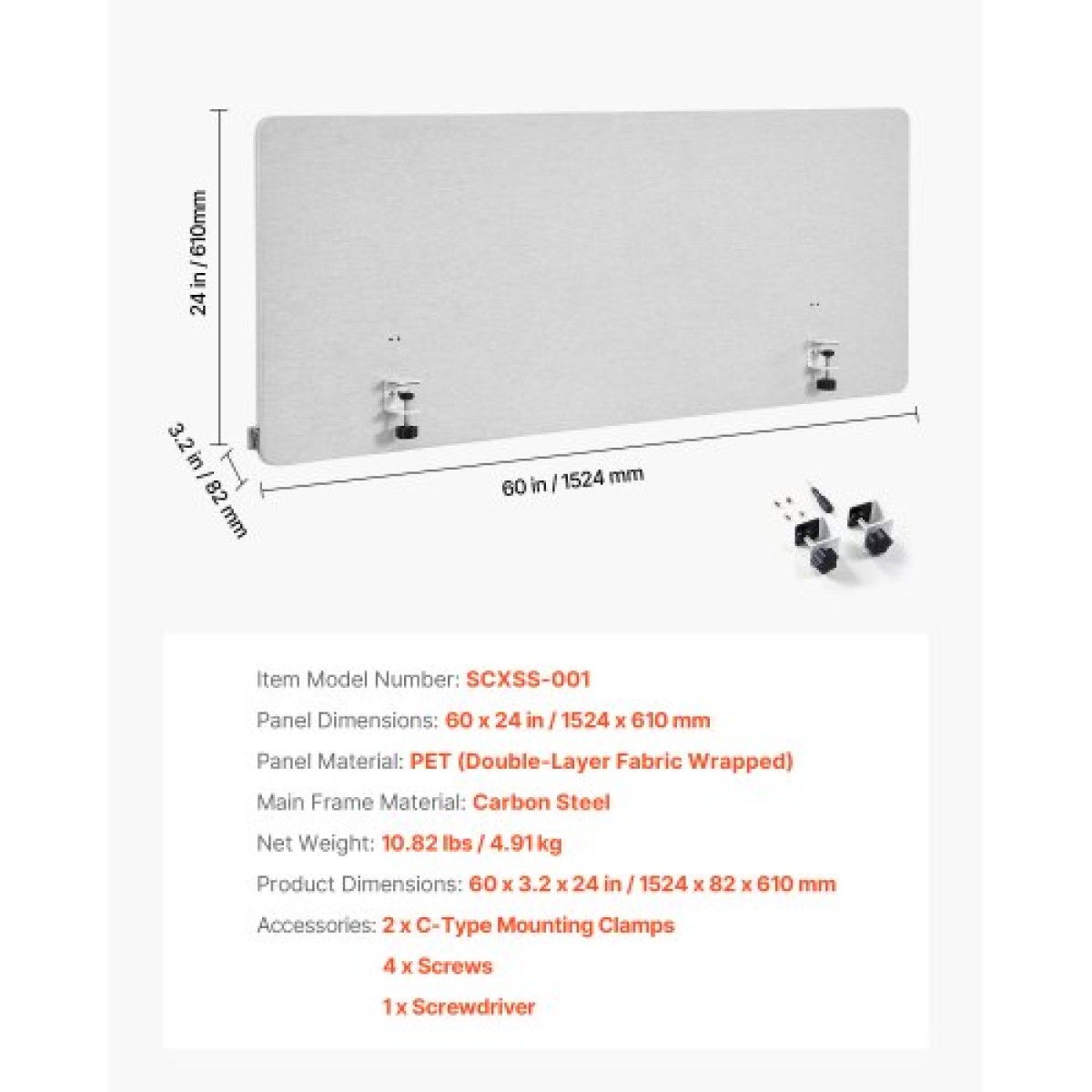 VEVOR Desk Divider Privacy Panel, 1524 x 610 mm Σφιγκτήρας Διαμέρισμα γραφείου γραφείου, PET Cubicle Partition Panel, Workstation Privacy Divider με 2 σφιγκτήρες τύπου C για γραφείο, ανθεκτικό δωμάτιο, βιβλιοθήκη