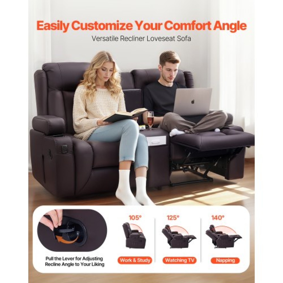 Ανακλινόμενος καναπές VEVOR Loveseat, Χειροκίνητος ανακλινόμενος καναπές με κεντρική κονσόλα, PU συνθετικός δερμάτινος καναπές με θύρες USB, ποτηροθήκες και τσάντες αποθήκευσης, διπλή καρέκλα Loveseat για σαλόνι/RV, καφέ