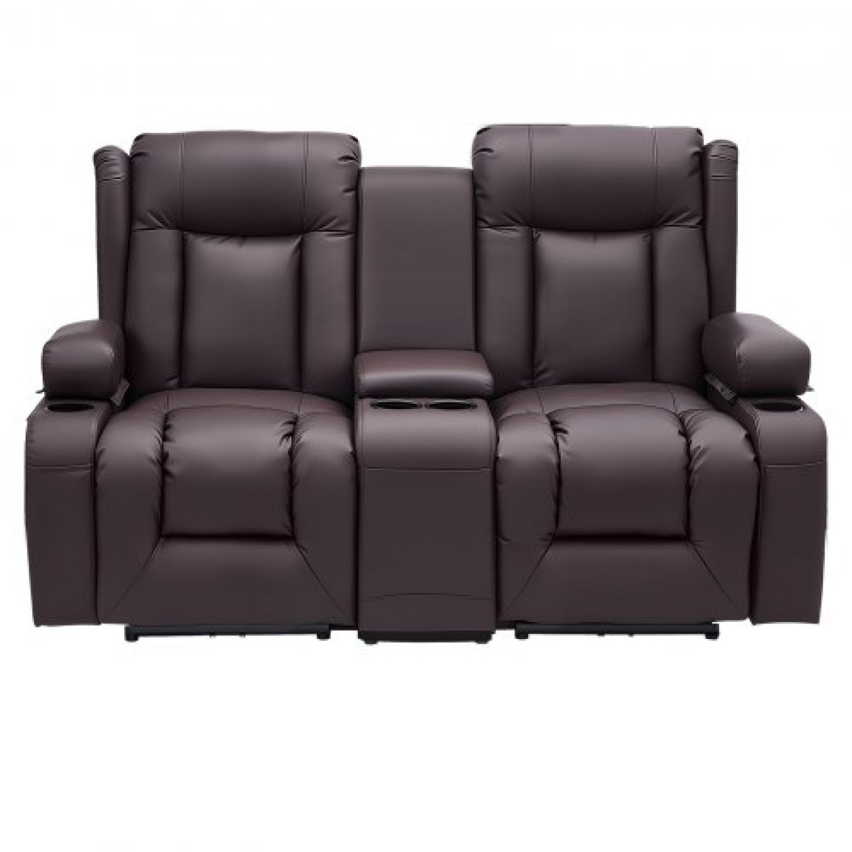 Ανακλινόμενος καναπές VEVOR Loveseat, Χειροκίνητος ανακλινόμενος καναπές με κεντρική κονσόλα, PU συνθετικός δερμάτινος καναπές με θύρες USB, ποτηροθήκες και τσάντες αποθήκευσης, διπλή καρέκλα Loveseat για σαλόνι/RV, καφέ