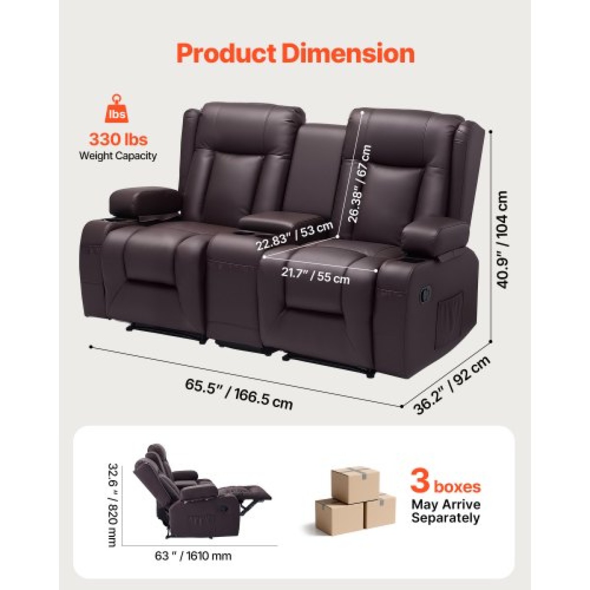 Ανακλινόμενος καναπές VEVOR Loveseat, Χειροκίνητος ανακλινόμενος καναπές με κεντρική κονσόλα, PU συνθετικός δερμάτινος καναπές με θύρες USB, ποτηροθήκες και τσάντες αποθήκευσης, διπλή καρέκλα Loveseat για σαλόνι/RV, καφέ