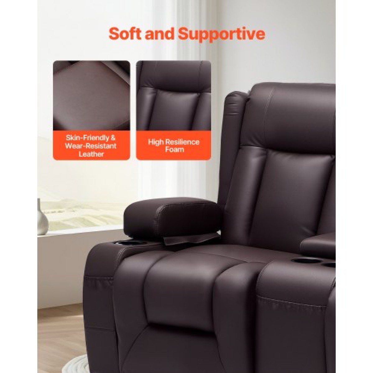 Ανακλινόμενος καναπές VEVOR Loveseat, Χειροκίνητος ανακλινόμενος καναπές με κεντρική κονσόλα, PU συνθετικός δερμάτινος καναπές με θύρες USB, ποτηροθήκες και τσάντες αποθήκευσης, διπλή καρέκλα Loveseat για σαλόνι/RV, καφέ
