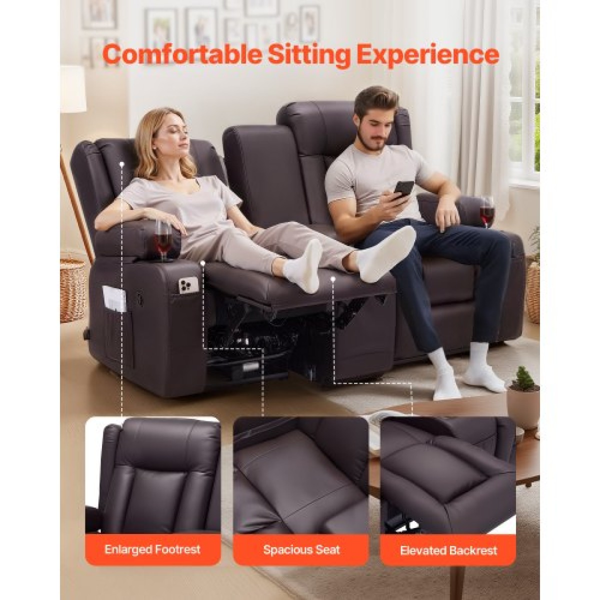 Ανακλινόμενος καναπές VEVOR Loveseat, Χειροκίνητος ανακλινόμενος καναπές με κεντρική κονσόλα, PU συνθετικός δερμάτινος καναπές με θύρες USB, ποτηροθήκες και τσάντες αποθήκευσης, διπλή καρέκλα Loveseat για σαλόνι/RV, καφέ
