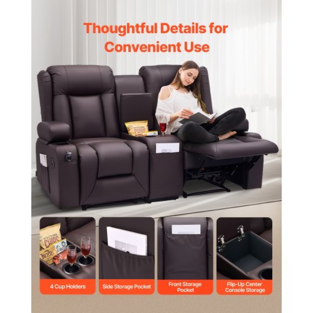 Ανακλινόμενος καναπές VEVOR Loveseat, Χειροκίνητος ανακλινόμενος καναπές με κεντρική κονσόλα, PU συνθετικός δερμάτινος καναπές με θύρες USB, ποτηροθήκες και τσάντες αποθήκευσης, διπλή καρέκλα Loveseat για σαλόνι/RV, καφέ
