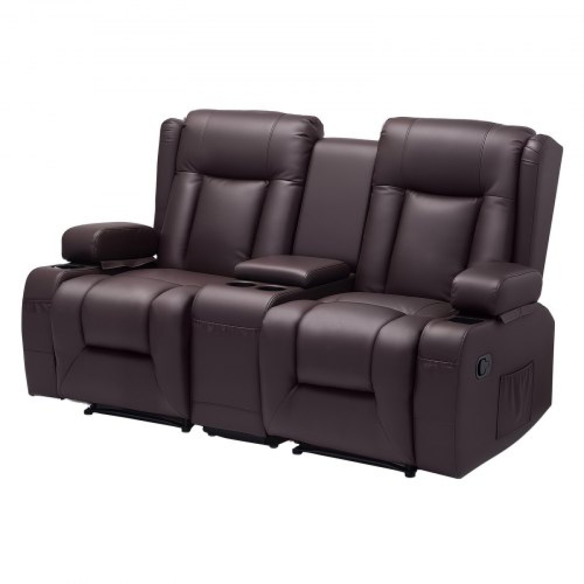 Ανακλινόμενος καναπές VEVOR Loveseat, Χειροκίνητος ανακλινόμενος καναπές με κεντρική κονσόλα, PU συνθετικός δερμάτινος καναπές με θύρες USB, ποτηροθήκες και τσάντες αποθήκευσης, διπλή καρέκλα Loveseat για σαλόνι/RV, καφέ
