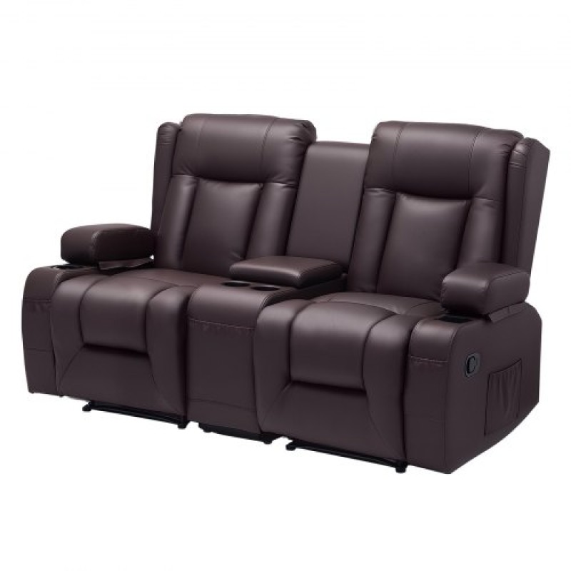 VEVOR Loveseat Recliner Sofa, Manual Reclining Couch with Center Console, PU Faux Leather Recliner Sofa with USB Ports, Cup Holders and Storage Bags, Dual Loveseat Chair for Living Room/RV, Brown