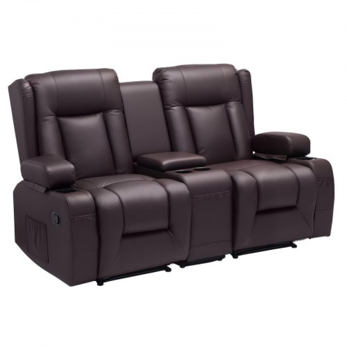 Ανακλινόμενος καναπές VEVOR Loveseat, Χειροκίνητος ανακλινόμενος καναπές με κεντρική κονσόλα, PU συνθετικός δερμάτινος καναπές με θύρες USB, ποτηροθήκες και τσάντες αποθήκευσης, διπλή καρέκλα Loveseat για σαλόνι/RV, καφέ