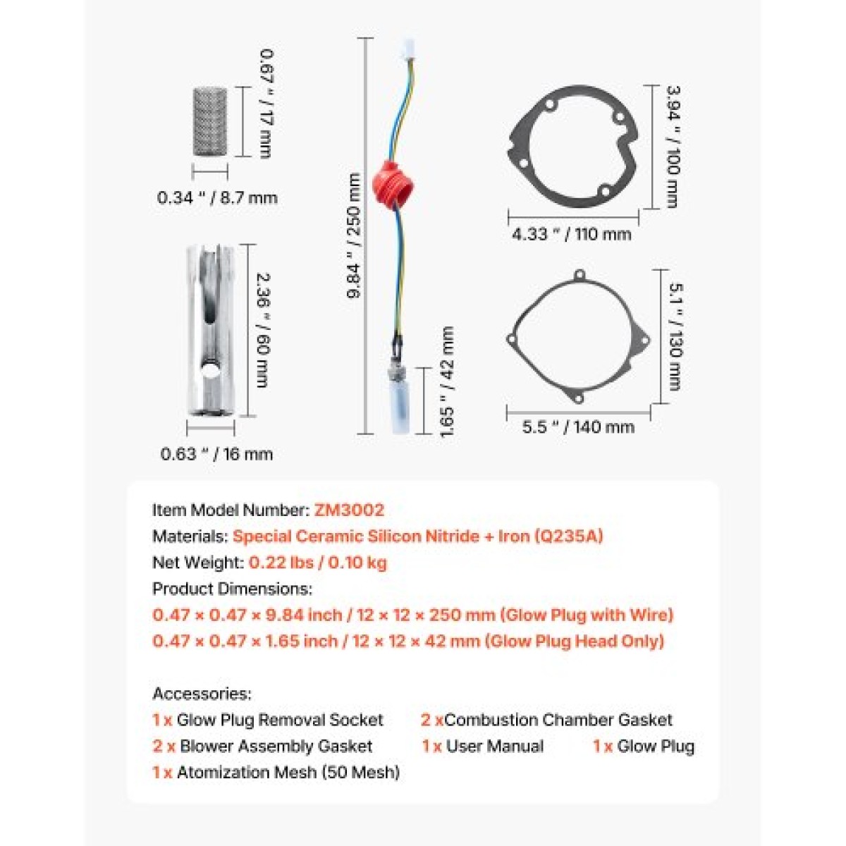 VEVOR 8V Glow Plug Repair Kit, Glow Plug Heater Repair Heater Parking Maintenance Kit with Atomization Mesh, Συμβατό με μοντέλα 2KW 5KW 8KW Diesel Heaters, Diesel Heaters Parts for Car Truck