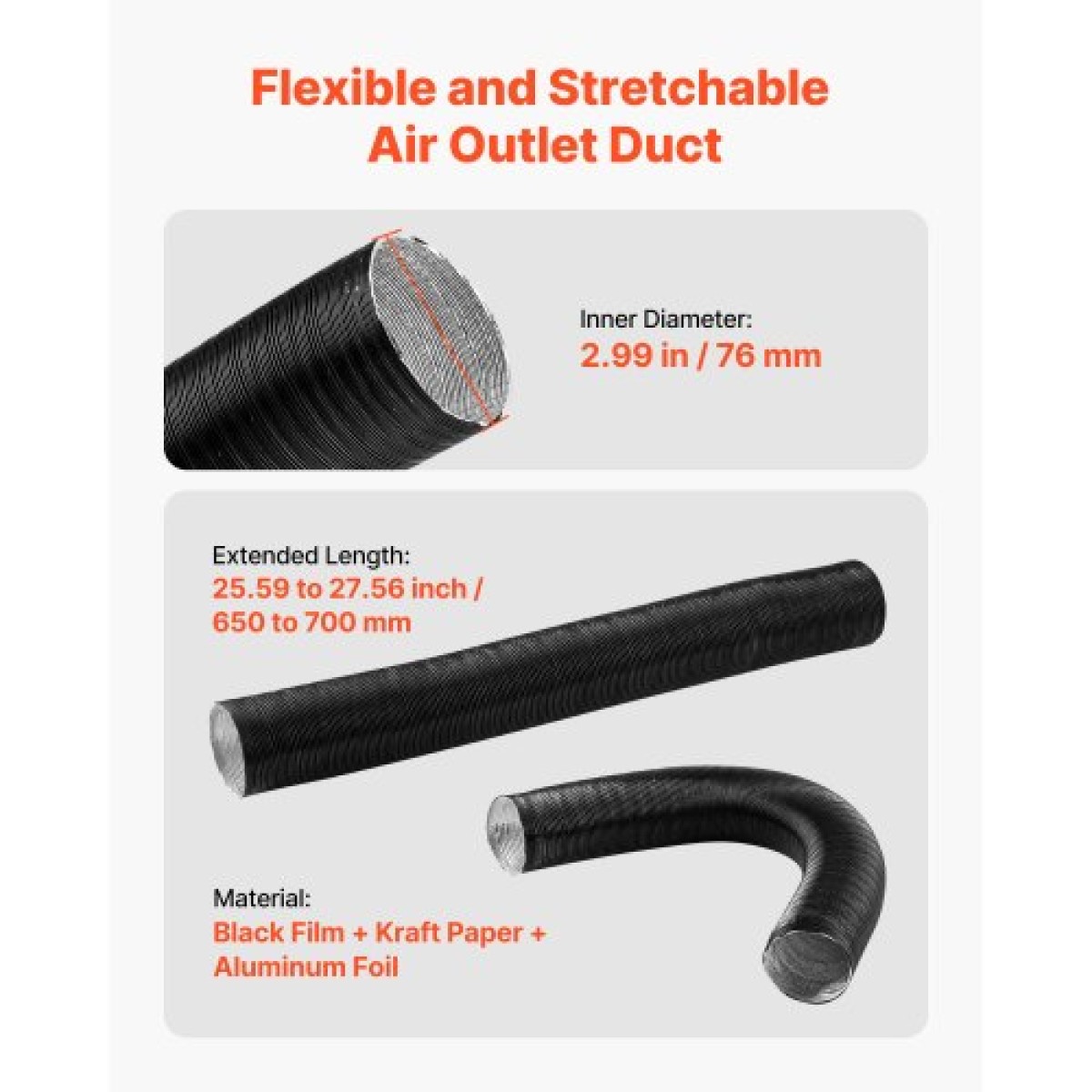 VEVOR Diesel Heater Pipe Duct Vent Kit, 75mm Heater Pipe Σετ εξαερισμού θερμού αέρα με σύνδεσμο σχήματος Y & σφιγκτήρες αεραγωγών, Heaters Parking Air Duct Kit για 2KW 5KW 8KW Diesel Heaters, Μαύρο