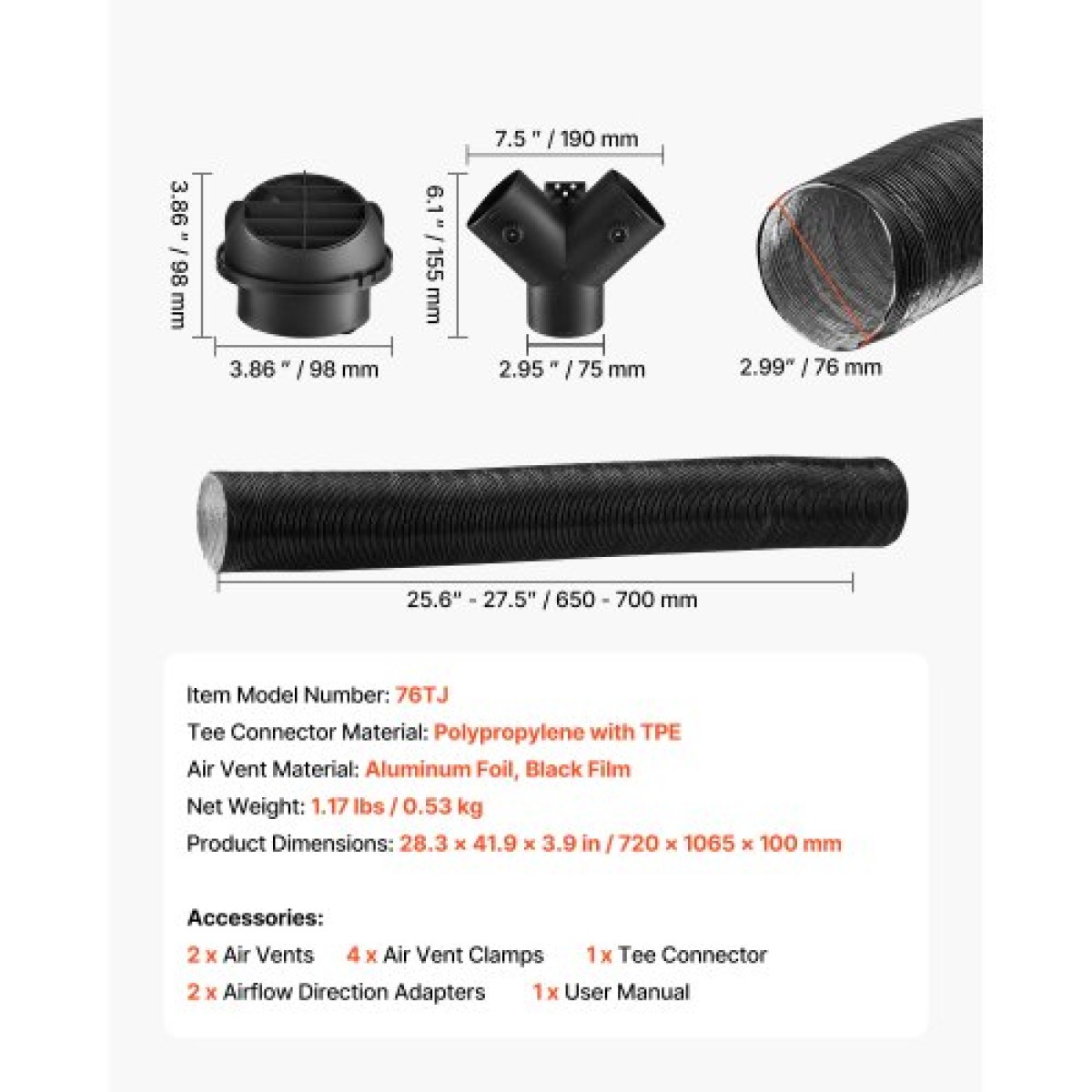 VEVOR Diesel Heater Pipe Duct Vent Kit, 75mm Heater Pipe Σετ εξαερισμού θερμού αέρα με σύνδεσμο σχήματος Y & σφιγκτήρες αεραγωγών, Heaters Parking Air Duct Kit για 2KW 5KW 8KW Diesel Heaters, Μαύρο