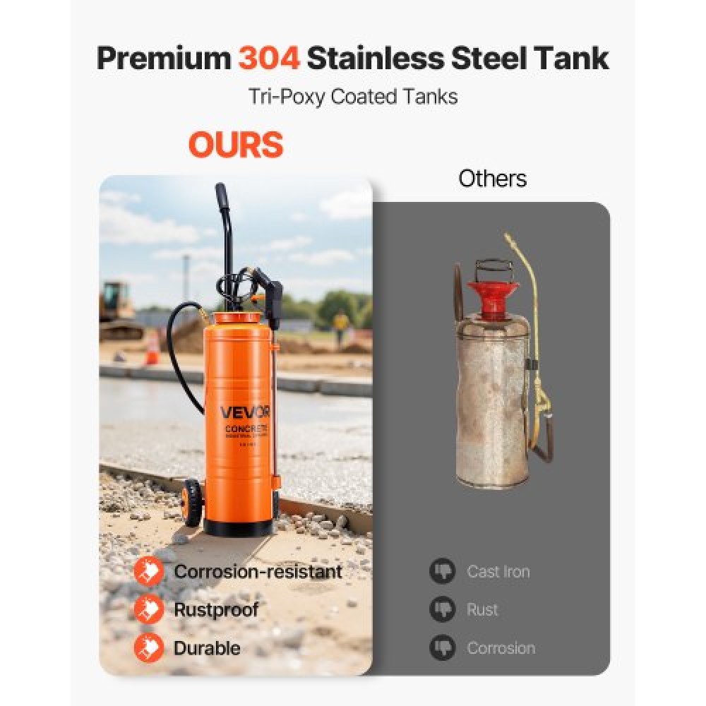 VEVOR Industrial Concrete Sprayer with Wheeled Cart, 19L Stainless Steel Sprayer, Heavy Duty Tri-Poxy Pump Sprayers, 52cm Wand, 1.2m & 3m Hoses, 2 Brass Nozzles for Construction, Lawn & Garden
