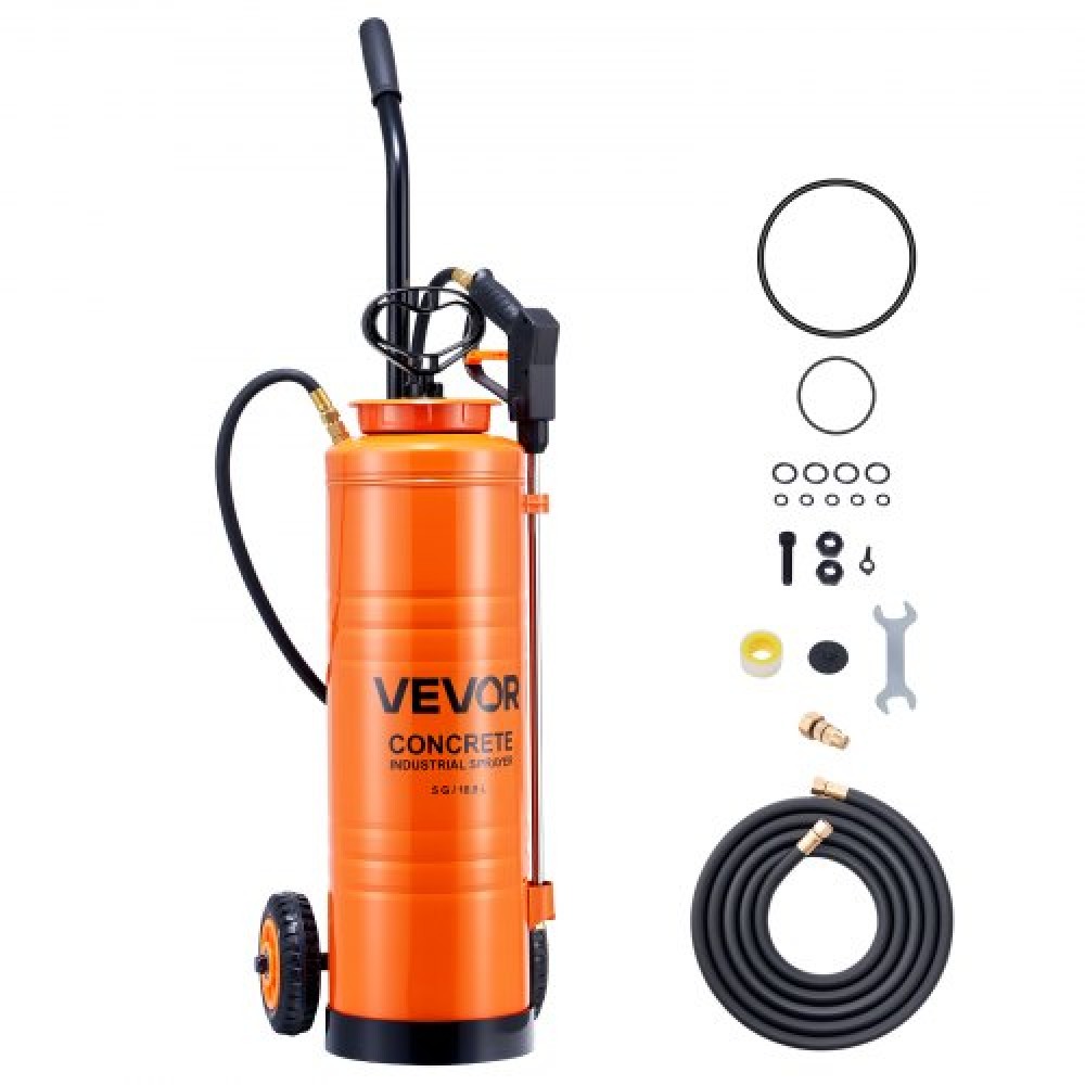 VEVOR Industrial Concrete Sprayer with Wheeled Cart, 19L Stainless Steel Sprayer, Heavy Duty Tri-Poxy Pump Sprayers, 52cm Wand, 1.2m & 3m Hoses, 2 Brass Nozzles for Construction, Lawn & Garden
