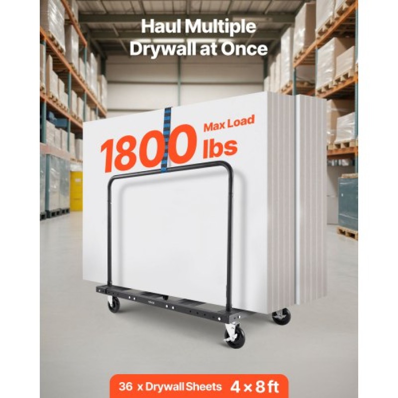VEVOR Drywall Cart Dolly, χωρητικότητα 816 kg, καρότσι φορτηγού από ατσάλινο πάνελ με περιστρεφόμενους τροχούς 12,5 mm, κούκλα γυψοσανίδας ξυλείας με ιμάντα δεσίματος & 2 πλαϊνές κουπαστές για εργοστάσιο, αποθήκη, γκαράζ, μαύρο