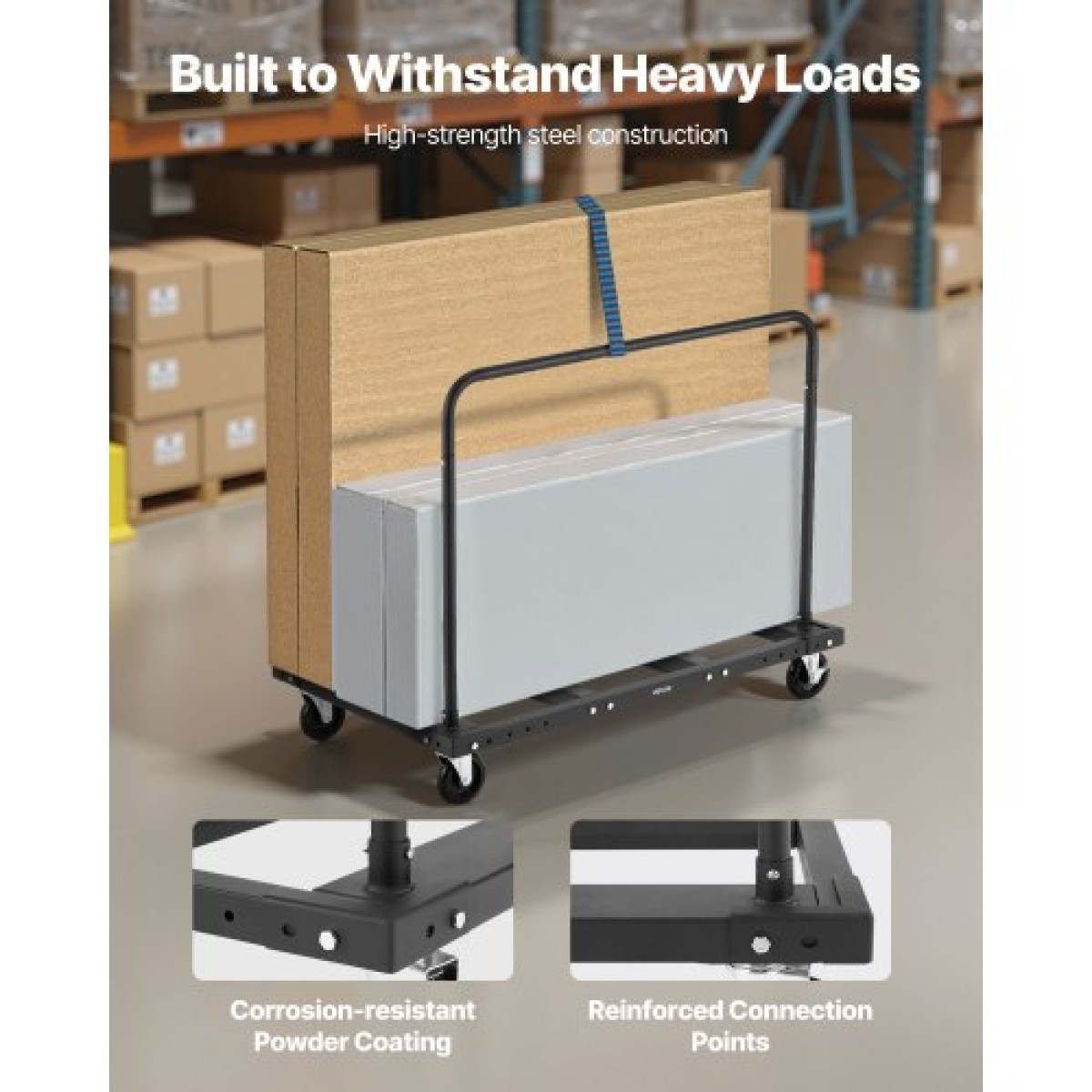 VEVOR Drywall Cart Dolly, χωρητικότητα 816 kg, καρότσι φορτηγού από ατσάλινο πάνελ με περιστρεφόμενους τροχούς 12,5 mm, κούκλα γυψοσανίδας ξυλείας με ιμάντα δεσίματος & 2 πλαϊνές κουπαστές για εργοστάσιο, αποθήκη, γκαράζ, μαύρο