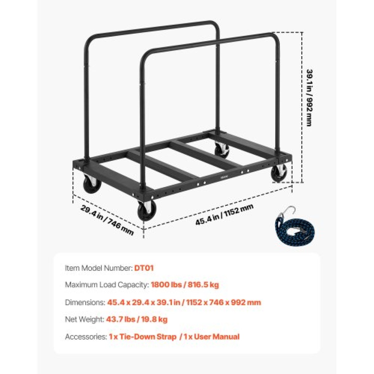 VEVOR Drywall Cart Dolly, χωρητικότητα 816 kg, καρότσι φορτηγού από ατσάλινο πάνελ με περιστρεφόμενους τροχούς 12,5 mm, κούκλα γυψοσανίδας ξυλείας με ιμάντα δεσίματος & 2 πλαϊνές κουπαστές για εργοστάσιο, αποθήκη, γκαράζ, μαύρο