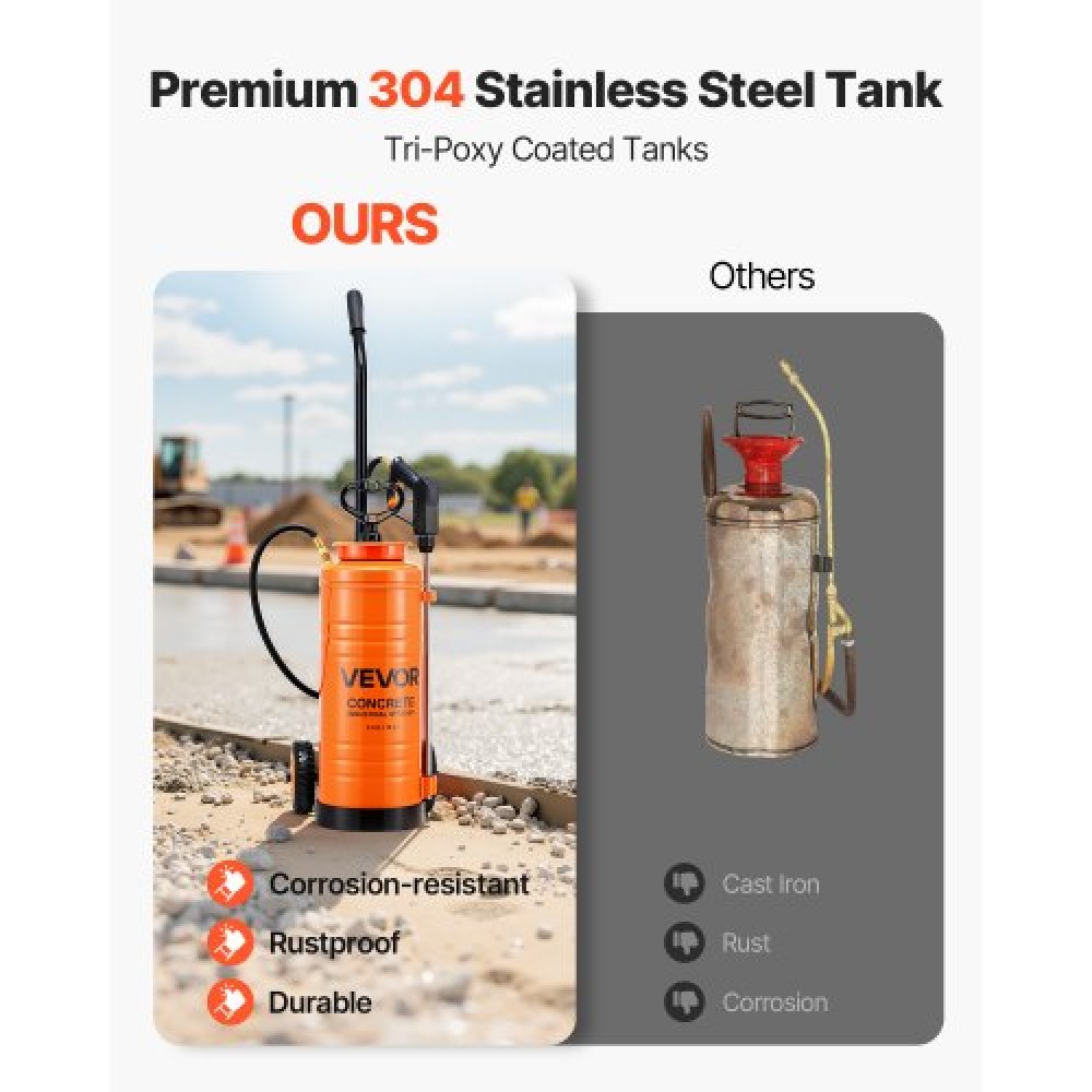 VEVOR Industrial Concrete Sprayer with Wheeled Cart, 14L Stainless Steel Sprayer, Heavy Duty Tri-Poxy Pump Sprayers, 52cm Wand, 1.2m & 3m Hoses, 2 Brass Nozzles for Construction, Lawn & Garden