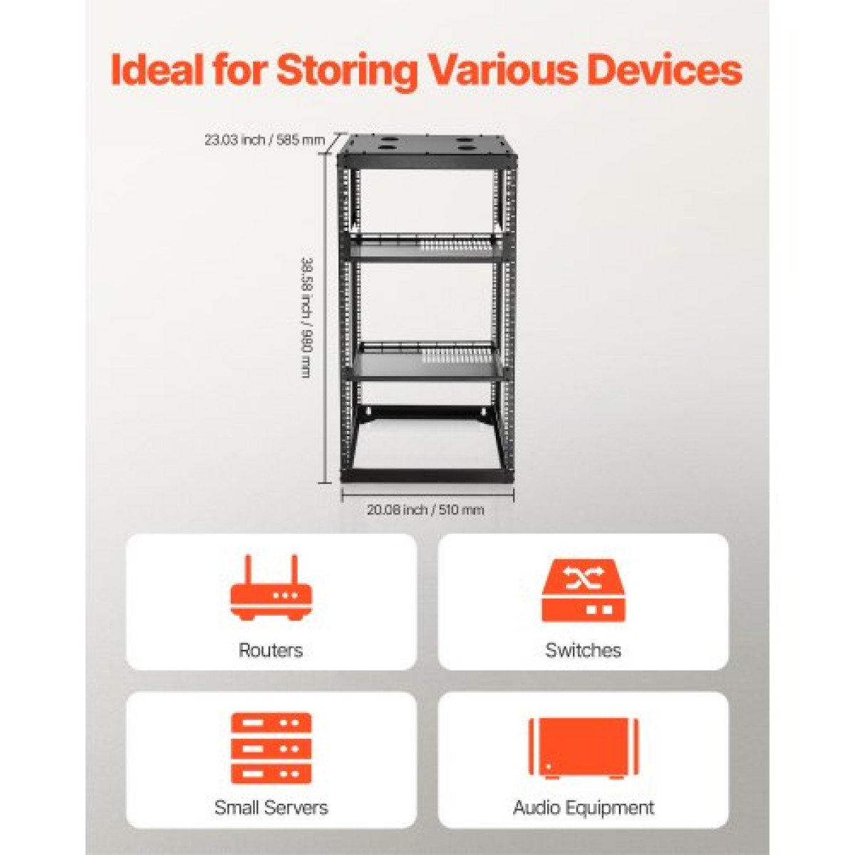 VEVOR 20U Open Frame Network Rack, Βάθος 585 mm, Επίτοιχος ή Επιδαπέδιος Server Rack, Heavy Duty 4 Post, με αεριζόμενα ράφια & εξοπλισμό στερέωσης, χωράει όλο τον εξοπλισμό πληροφορικής δικτύωσης AV Gear