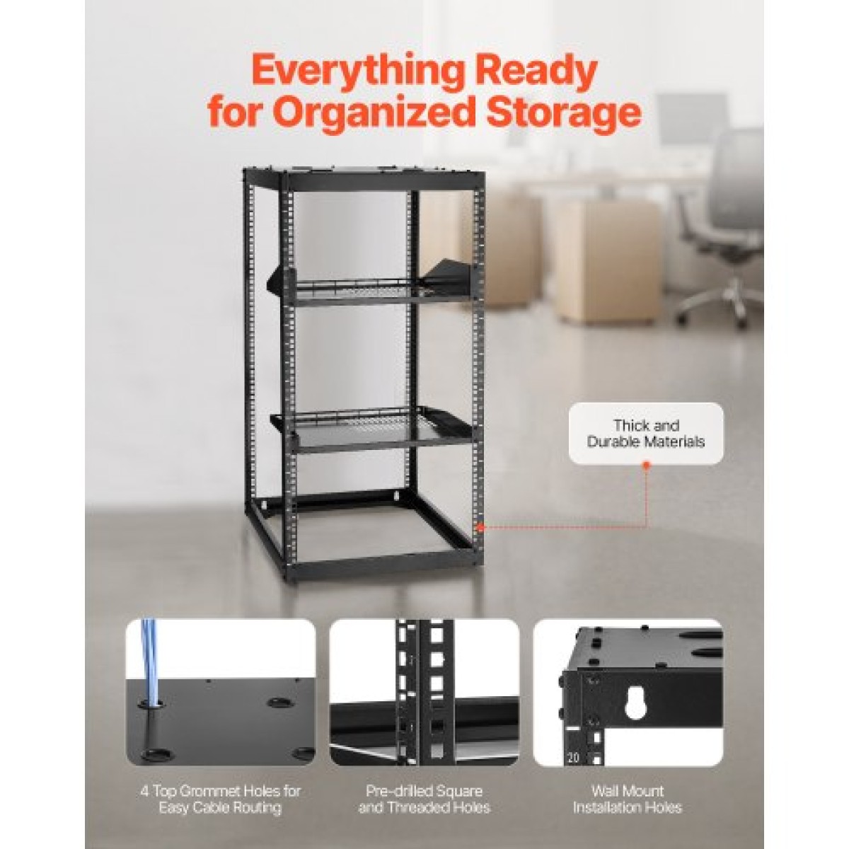 VEVOR 20U Open Frame Network Rack, Βάθος 585 mm, Επίτοιχος ή Επιδαπέδιος Server Rack, Heavy Duty 4 Post, με αεριζόμενα ράφια & εξοπλισμό στερέωσης, χωράει όλο τον εξοπλισμό πληροφορικής δικτύωσης AV Gear