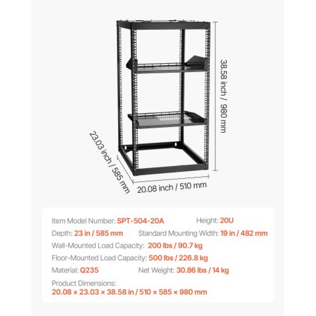 VEVOR 20U Open Frame Network Rack, Βάθος 585 mm, Επίτοιχος ή Επιδαπέδιος Server Rack, Heavy Duty 4 Post, με αεριζόμενα ράφια & εξοπλισμό στερέωσης, χωράει όλο τον εξοπλισμό πληροφορικής δικτύωσης AV Gear