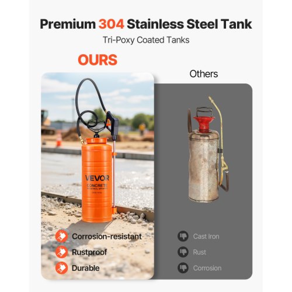 VEVOR Industrial Concrete Sprayer, 14L Stainless Steel Sprayer, Heavy Duty Tri-Poxy Pump Sprayers, 52cm Wand with Ergonomic Gun Handle, 1.2m & 3m Hoses, 2 Brass Nozzles for Construction, Garden