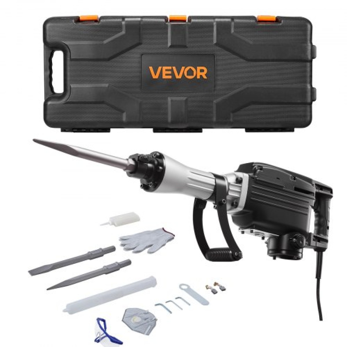 VEVOR Demolition Jack Hammer, 2800 W Ισχυρό Ηλεκτρικό Jackhammer, 1200 BPM Θραύση σκυροδέματος με αιχμηρή σμίλη, επίπεδη σμίλη, θήκη μεταφοράς, γάντια, για σκυρόδεμα, τοίχο, τούβλο, πλακάκι και θεμέλιο