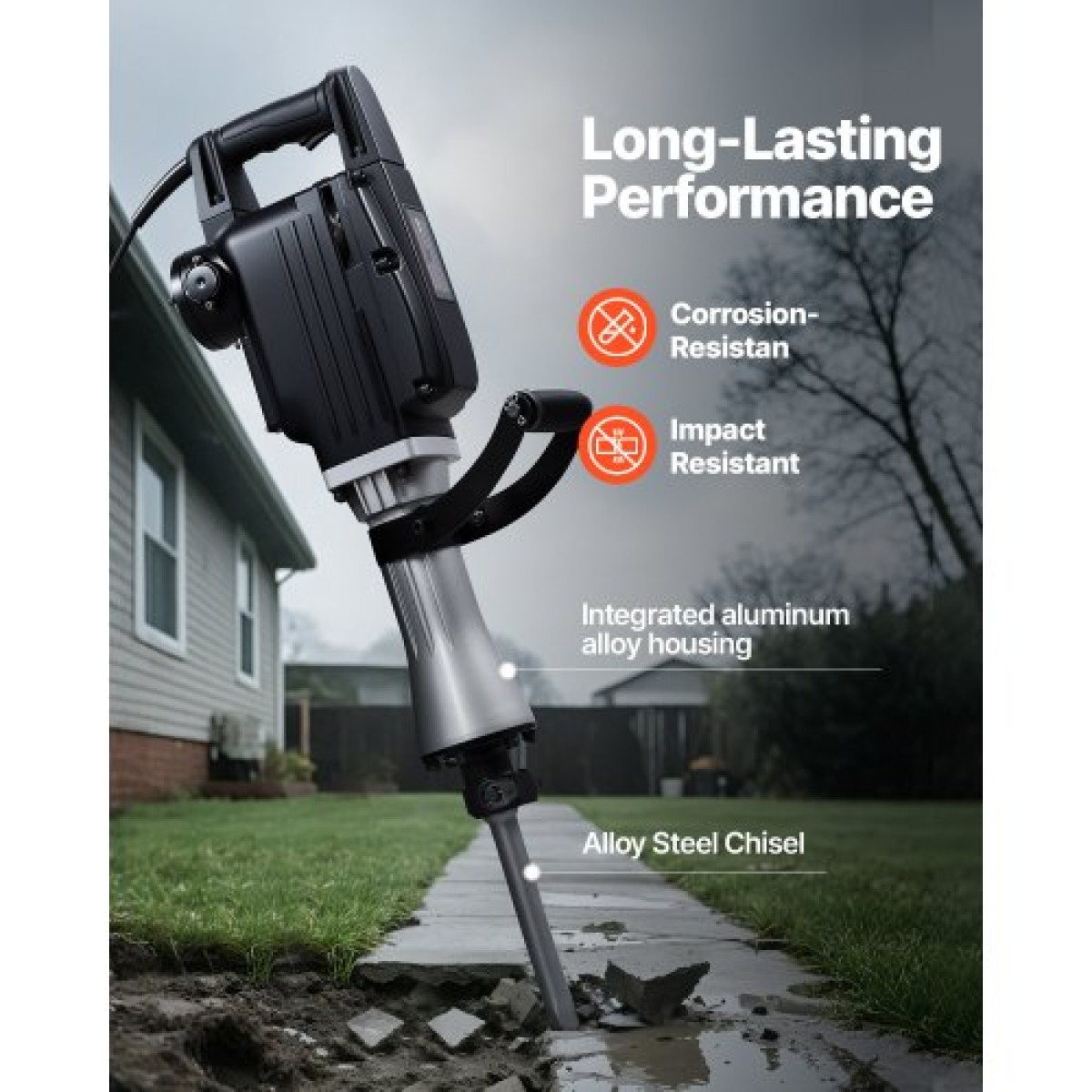 VEVOR Demolition Jack Hammer, 2800 W Ισχυρό Ηλεκτρικό Jackhammer, 1200 BPM Θραύση σκυροδέματος με αιχμηρή σμίλη, επίπεδη σμίλη, θήκη μεταφοράς, γάντια, για σκυρόδεμα, τοίχο, τούβλο, πλακάκι και θεμέλιο