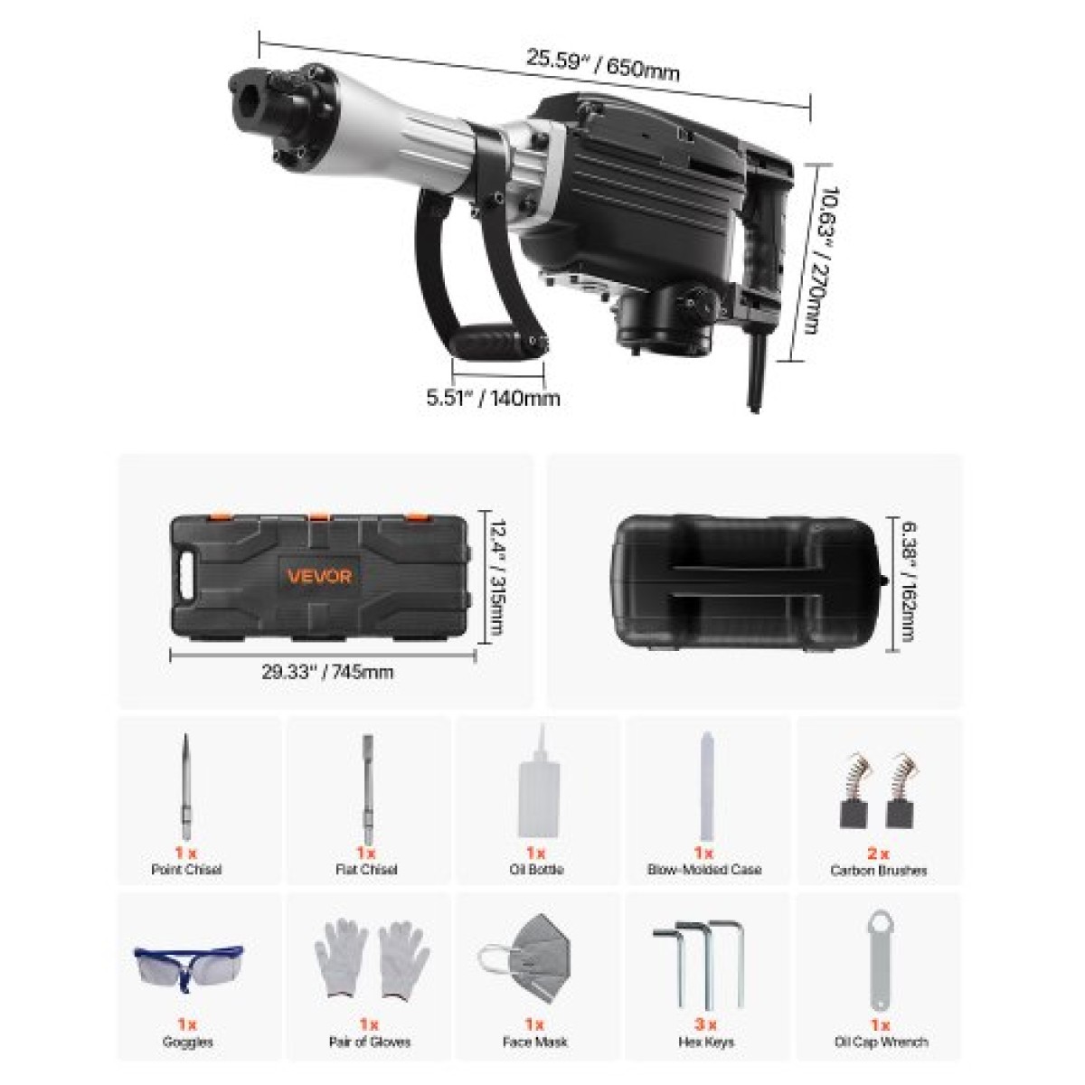 VEVOR Demolition Jack Hammer, 2800 W Ισχυρό Ηλεκτρικό Jackhammer, 1200 BPM Θραύση σκυροδέματος με αιχμηρή σμίλη, επίπεδη σμίλη, θήκη μεταφοράς, γάντια, για σκυρόδεμα, τοίχο, τούβλο, πλακάκι και θεμέλιο