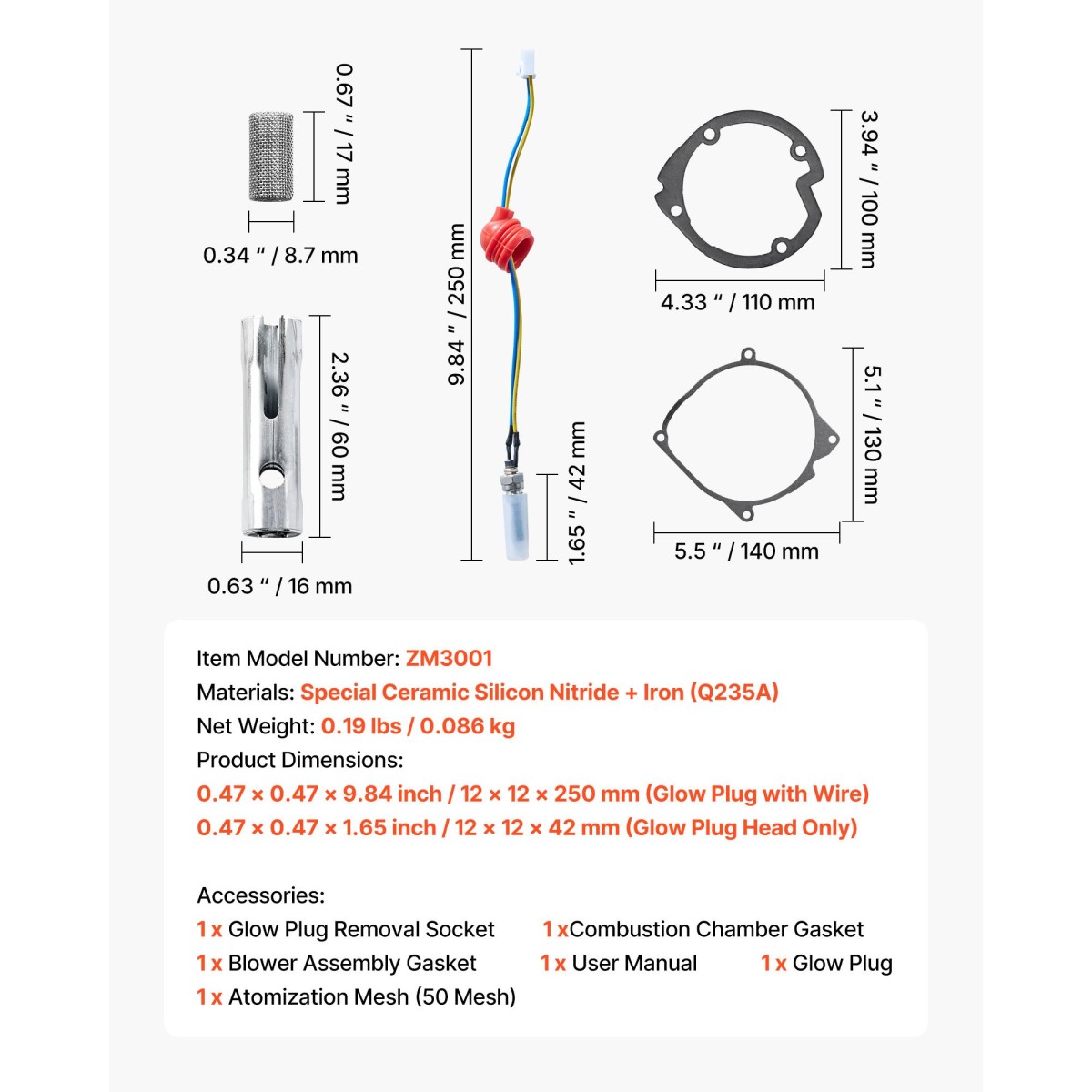 VEVOR 8V Glow Plug Repair Kit, Parking Diesel Heater Glow Ignition Plug Kit with Atomization Mesh, Συμβατό με μοντέλα 2KW 5KW 8KW Diesel Heater Heaters, Diesel Heaters Accessories for Car Truck Boat