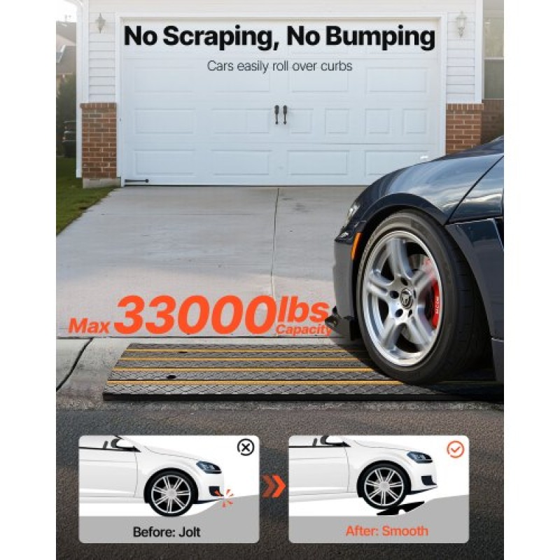 VEVOR Car Driveway Rubber Curb Ramp, Χωρητικότητα φόρτωσης 15 Τόνων, Ανυψωμένη ράμπα γέφυρας πεζοδρομίου 66 mm με κίτρινες ανακλαστικές λωρίδες, Κατάλληλο για αποβάθρα φόρτωσης, αποθήκη, γκαράζ, πεζοδρόμιο (1 πακέτο)
